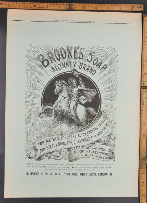 Brooke's Soap Monkey Brand. A monkey riding a horse. A crazy old add. Original Antique Print 1888.