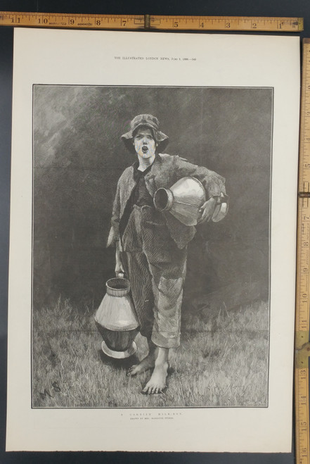 A Cornish Milk-Boy drawn by Mrs. Marianne Stokes. A nice piece of art. Barefoot boy in the grass. Original Antique Print 1888.