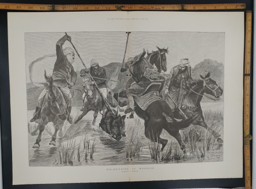 Pig-Sticking in Morocco drawn by R. C. Woodville. Hunting wildbore on horses with lances. Extra Large Original Antique Print 1888.