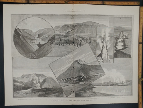 Tarawera Mountain, New Zealand, since the volcanic eruption. Mount Parawera. Volcano. Extra Large Original Antique Print 1888.