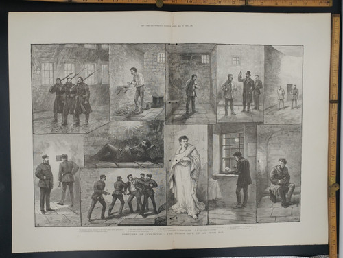 Sketches of "Coercion": the Prison Life of an Irish M. P. Punishment Cell, doctor testing the temperature of the cell, writing a letter, exercise yard and wardens on the watch. Extra Large Original Antique Print 1888.