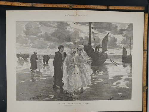 Return from the Fete Dieu: Antwerp Gold Medal Picture by P. R. Morris.Women, boat and the ocean. Extra Large Original Antique Print 1888.