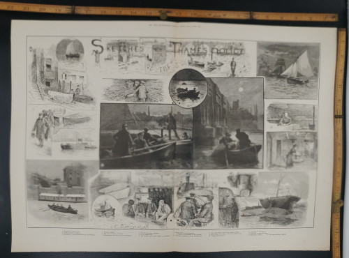 The Thames Police by H. C. Seppings-Wright. Wapping the head station, Coal-hulk for coaling steam-launches, Waterloo station, receiving room, mens quarters on board the Royalist and chasing river thieves. Extra Large Original Antique Print 1888.