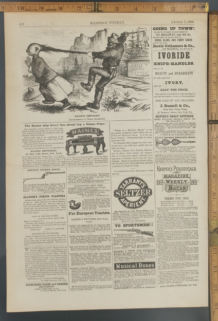Pacific Chivalry, encouragement to Chinese Immigration. Chinese exclusion and labor. Political Cartoon by Thomas Nast. Add for Stevens' Pocket Rifle. Original Antique Print 1869.