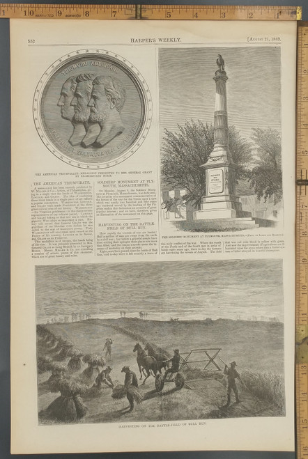 Harvesting wheat on the Battle-Field of Bull Run. Farming in the olden days. American Triumvirate-Medallion presented to Mrs. General Grant by Ex-Secretary Borie. Soldiers' Monument Plymouth Mass. Original Antique Print 1869.