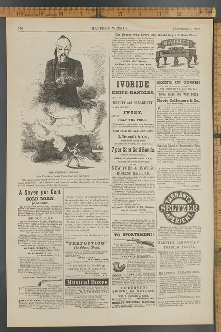 The Chinese puzzle, the fisherman (Alias Uncle Sam) and the Genie. Add for: Stevens' Pocket Rifle, Music box, Hinkley Knitting Machine and Haines Brothers Piano. Original Antique Print from 1869.