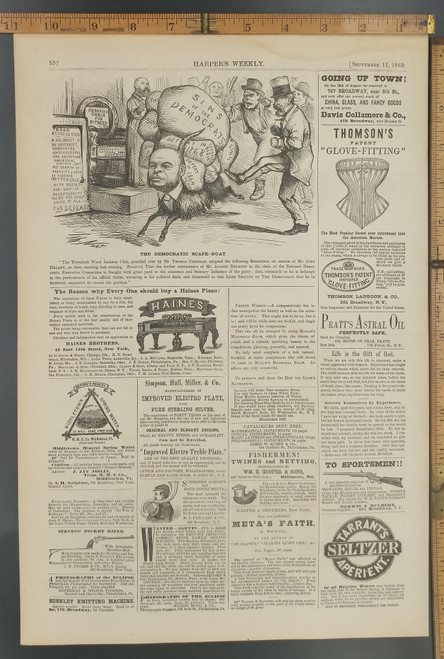 AUGUST BELMONT CHASED BY IRISH AND TAMMANY THUGS DEMOCRATIC SCAPEGOAT BOSS TWEED by Thomas Nast. Advertisment for the Thomson's patent glove-fitting Corset. Middletown Mineral Spring Water from Vermont. Original Antique Print from 1869.