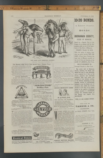 One good row deserves another by Thomas Nast. Members of the Harvard rowing team as Lions and Eagles. Add for Enoch Morgan's Sons' and Baxter's adjustable Wrench. Original Antique Print from 1869.