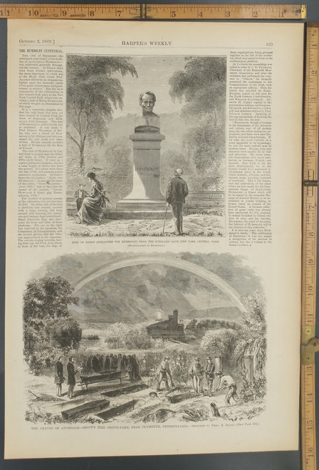 The graves of Avondale Shupp's Hill Graveyard, Near Plymouth, Pennsylvania. Bust of Baron Alexander Von Humboldt, near the Scholars gate, New York Central Park. Original Antique Print from 1869.