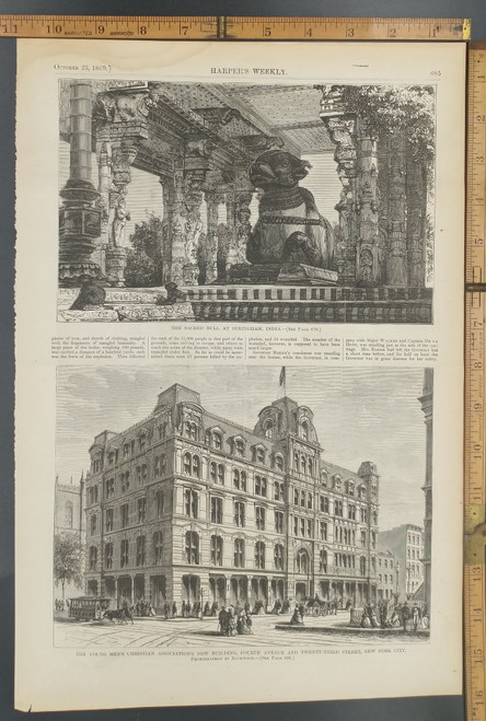 The Sacred Bull at Seringham, India. The young men's Christian Association's(YMCA) new building, 4th Ave and twenty third street NY City. Original Antique Print from 1869.