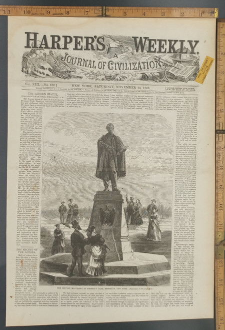 The Lincoln Monument in Prospect Park, Brooklyn, New York. Original Antique Print from 1869.