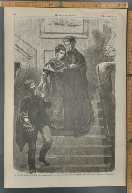 An invalid going South for the winter, scene on board a Southern bound steamer from New York. An old lady on a steam ship. Original Antique Print from 1869.