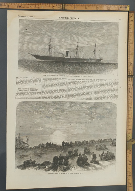 Guebres paying homage to the setting sun. The new steamship City of Brussels. Original Antique Print from 1869.