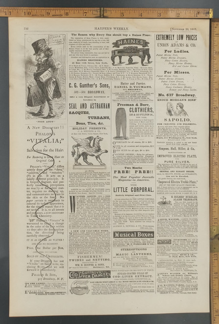 "Poor Andy", Andrew Johnson political cartoon. Advertisement for E. Holmes' Burglar-Alarm Telegraph. Original Antique Print from 1869.