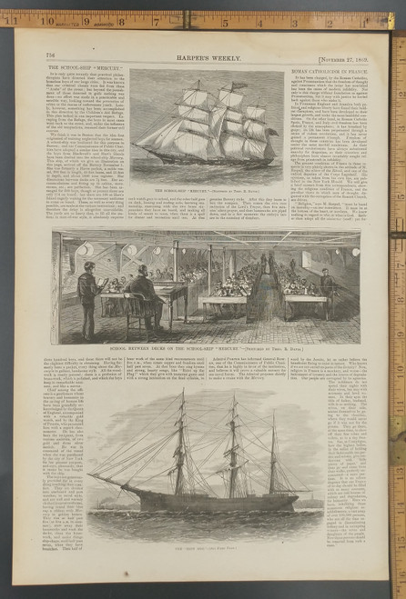 School between decks on the reform school ship Mercury. The ship Iron Age. Original Antique Print from 1869.