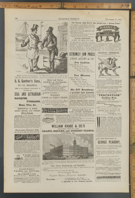Advertisement for William Knabe & Co.'s Grand pianoes on Baltimore, Md. Steinway and Sons' pianos. A Balsamic Hair Renewer. Original Antique Print from 1869.