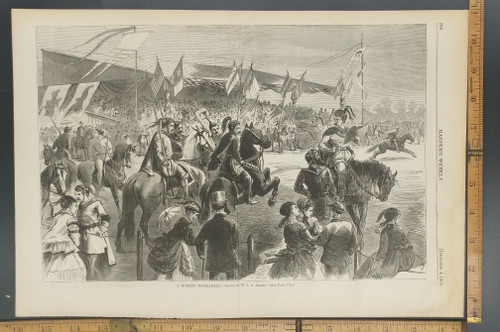 A Modern Tournament by W. S. L. Jewett. Men on horses with lances and jousting. Original Antique Print from 1869.