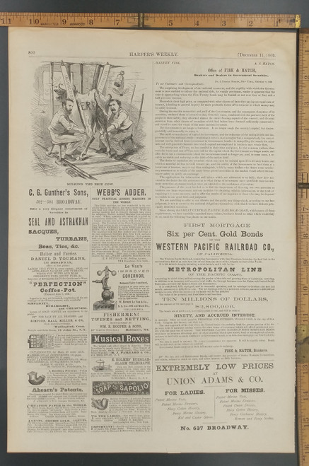 Milking the Erie Cow. JAY GOULD (1836-1892). American financier. Gould (left) and Jim Fisk milking the Erie Railraod: an American newspaper cartoon of 1869. Advertisement for Webb's adding machine and alarm till. Original Antique Print from 1869.