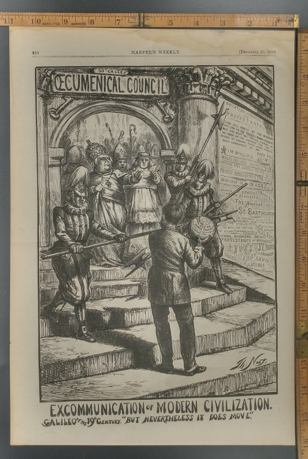 Excommunication of modern civilization by Thomas nast. Galileo of the 19th century, Catholic Church. Original Antique Print from 1869.