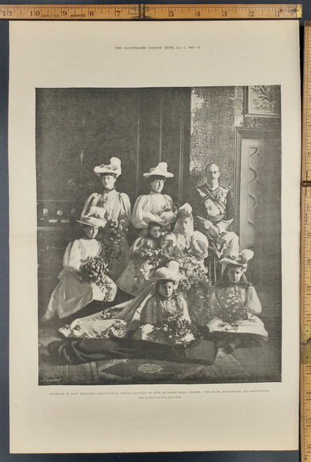 Marriage of Lady Margaret Grosvenor to Prince Adolphus of Teck at Eaton Hall, Chester: Bride, Bridegroom, and Bridesmaids. Photo of pretty women and girls. Original Antique Print from 1895.