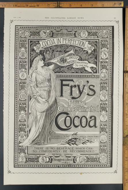 Ad for Fry's Pure Concentrated Cocoa. Woman playing a trumpet. Original Antique Print from 1895.