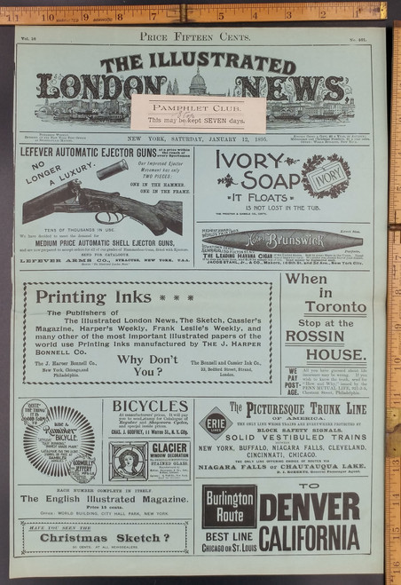 Ad for Ivory Soap, Hotel Brunswick Havana Cigar, Rossin House, Rambler Bicycle, Lefever Automatic Ejector Guns and the trunk line of America. Original Antique Print from 1895.