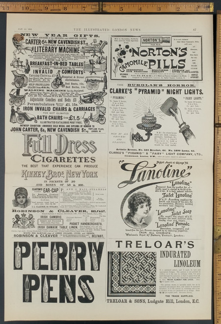 Ad for Invalid comforts: tables, chairs, carriages, walking machines and couches. Clarke's Pyramid Night Light. Full Dress Cigarettes. Perry Pens. Toilet Lanoline. Original Antique Print from 1895.