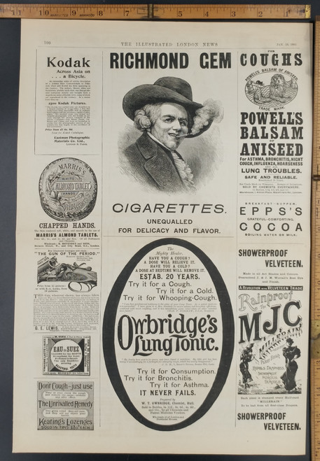 Copy of Ad for Richmond Gem Cigarettes. Epps's Cocoa. Powell's Balsam of Aniseed for Asthma. Marris's Almond Tablet. Original Antique Print from 1895.