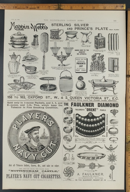 Ad for Player's Navy Cut Cigarettes. Faulkner's Orient Pearls. Original Antique Print from 1895.