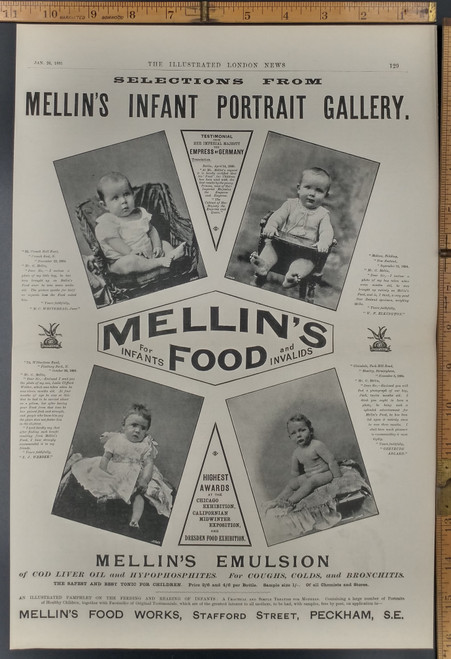 Ad for Mellin's food for infants and invalids. Infant portrait gallery. Original Antique Print from 1895.