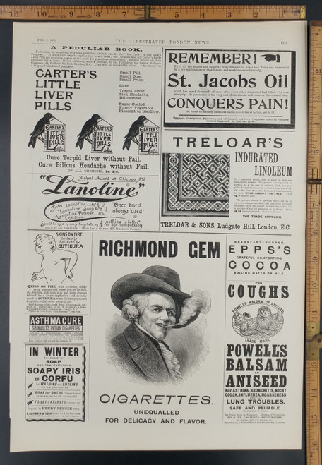 Ad for Richmond Gem Cigarettes. Epps's Cocoa. Grimault's Indian Cigarettes as a cure for Asthma. Original Antique Print from 1895.
