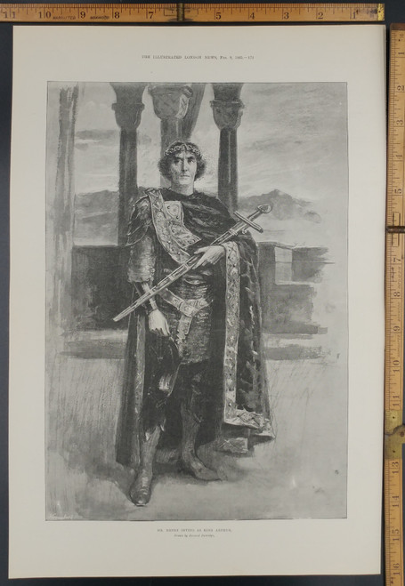 Mr. Henry Irving as King Arthur. Original Antique Print from 1895.