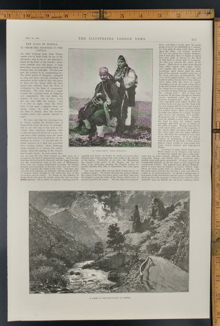 A scene in the mountains of Bosnia, a path next to a River. A man getting his hair braided by a woman near Sarajevo. Original Antique Print from 1895.