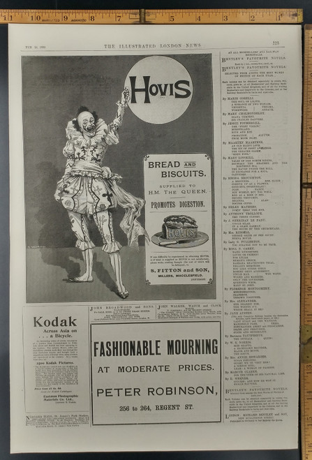 Ad for Hovis Breat and Biscuits as a cure for indigestion, Crazy and Creepy Clown. Peter Robinson, fashionable mourning at moderate prices. Original Antique Print from 1895.