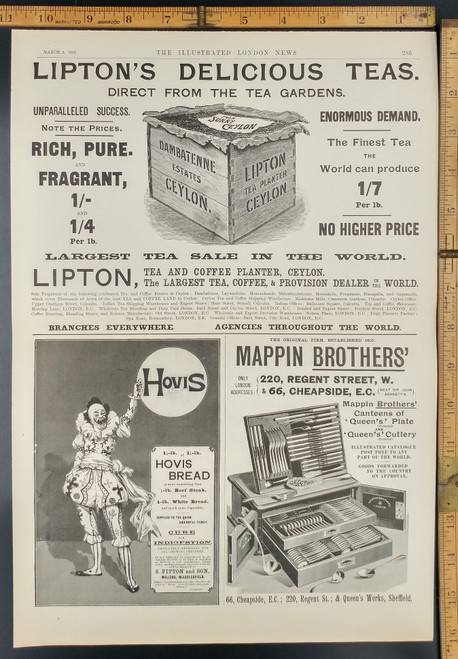 Ad for Hovis Bread, Creepy Clown. Lipton's delicious teas from the tea gardens. Mappin Brothers'. Original Antique Print from 1895.