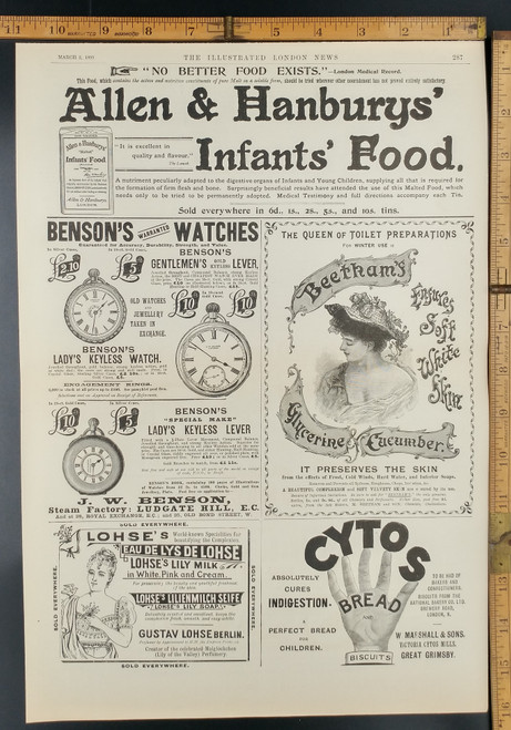 Ad for Allen & Handbury's infants food. Benson's watches. Beetham's the queen of toilet preparation. Cytos Bread. Original Antique Print from 1895.