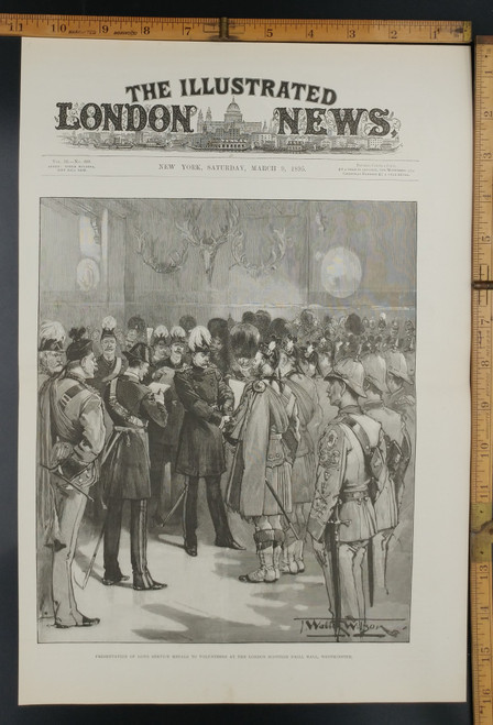 Presentation of long service medals to volunteers at the London Scottish drill Hall, Westminster. Original Antique Print from 1895.