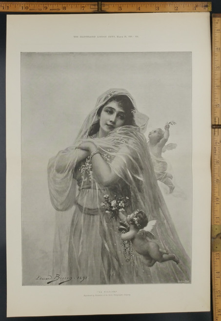 La Fiancer by Edouard Bisson. Victorian Woman in a wedding dress being helped by cherubs. Original Antique Print from 1895.