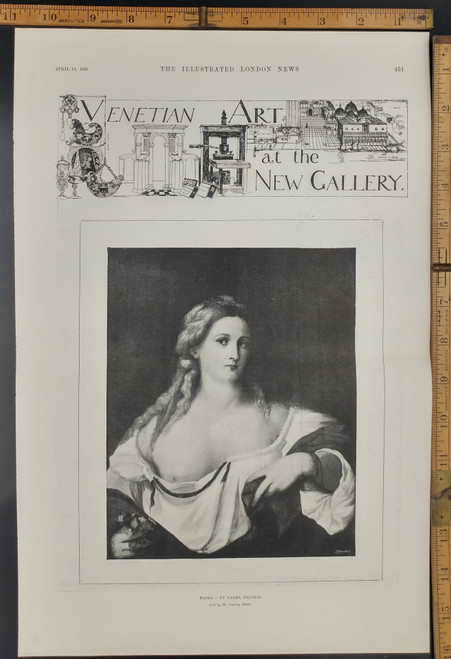 Venetian art at the new gallery. Woman's breast exposed. Flora by Palma Vecchio. Original Antique Print from 1895.