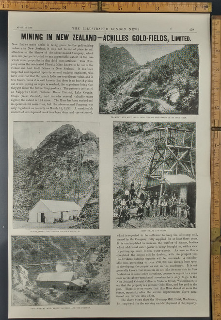 Mining in New Zealand Achilles Goldfields. House containing Pelton water wheel. Thirty stamp mill, freue Vanners and ore feeders. Original Antique Print from 1895.