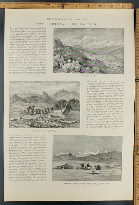 The Chitral expedition. Swat River Ferry at Abazai. Planes of Yusufzai, showing Malakand pass in the mountains. Original Antique Print from 1895.