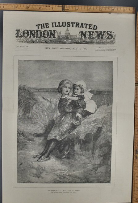 Pickaback by Miss Jane M Dealy. A young girl at the ocean giving a piggyback ride to her sister. Original Antique Print from 1895.