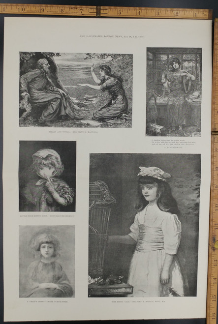 A child's head by Philip Burne Jones. The empty cage by Sir John E Millais Bart. Merlin and Vivian Mrs. Kate G Hastings. Little Blue Riding Hood. Original Antique Print from 1895.