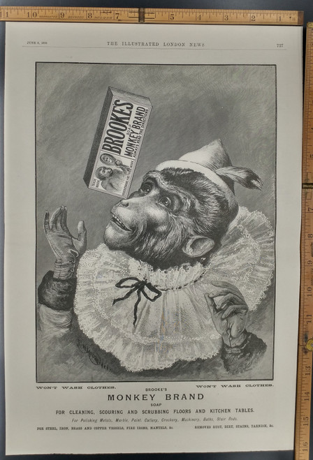 Ad for Brooks Monkey Brand soap. A monkey in clothing. Original Antique Print from 1895.