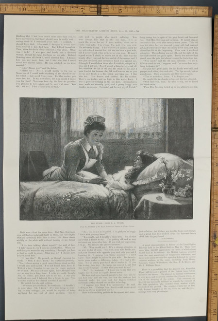 The Nurse by Miss B. A. Pughe. A woman attending to a girl in a bed with flowers by her side. Original Antique Print from 1895.