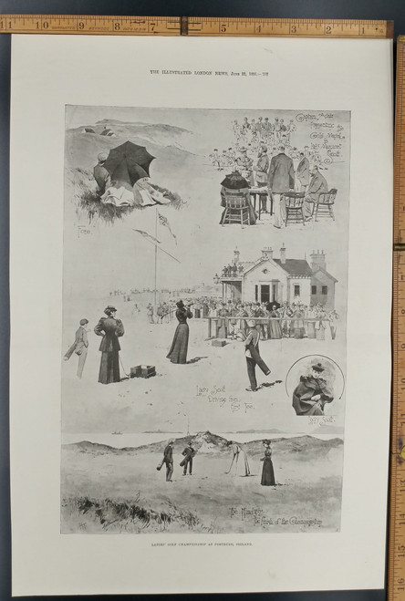 Ladies golf championship at Portrush Ireland. Lady Scott driving from the first tee. Original Antique Print from 1895.