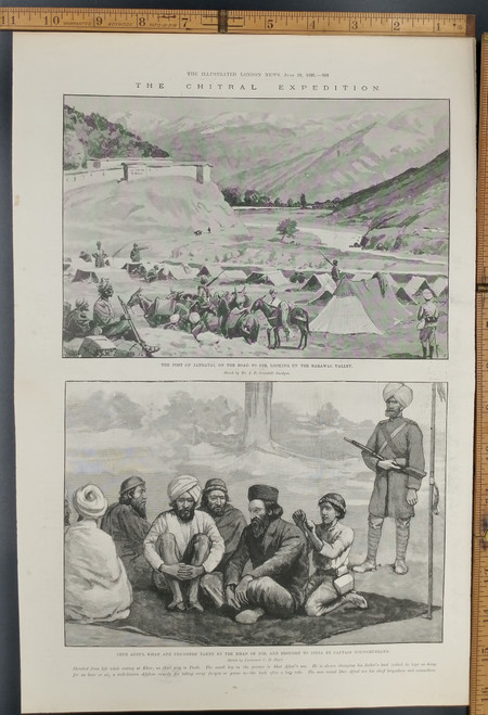 The Chitral expedition. The post of Janbatai, on the road to Dir looking up the Barawal Valley. Sher Afzul Khan and prisoners' taken by the Khan of Dir, and brought to India by Captain Younghusband. Original Antique Print from 1895.