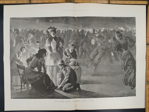 The skating season Hampstead Ponds at night. Men and women ice skating by Lantern light. Extra Large Original Antique Print from 1895.