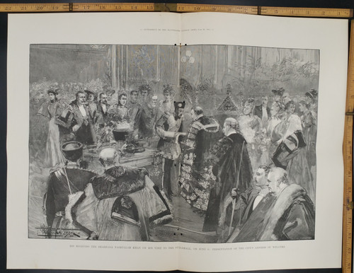 His Highness the Shahzada Nasrullah Khan on his visit to Guildhall: presentation of the city's address of welcome. Extra Large Original Antique Print from 1895.