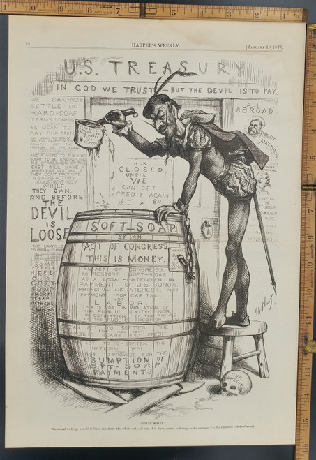 Ideal Money by Thomas Nast. UNITED STATES TREASURY, UNIVERSAL SUFFRAGE SKULL and the DEVIL. Original Antique Print 1878.